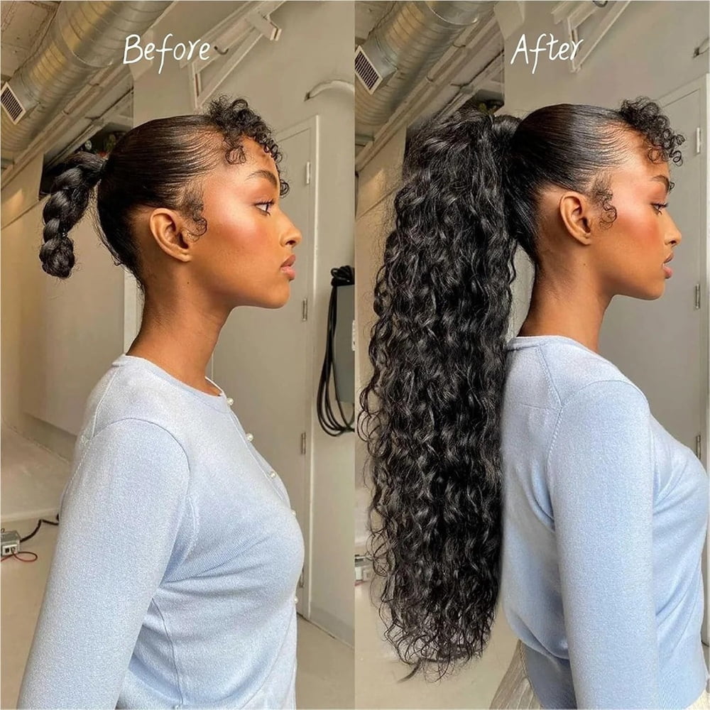 Water Wave Ponytail Human Hair Drawstring Pony Tail Clip in Curly Remy Hair Extensions Natural Black  for Women