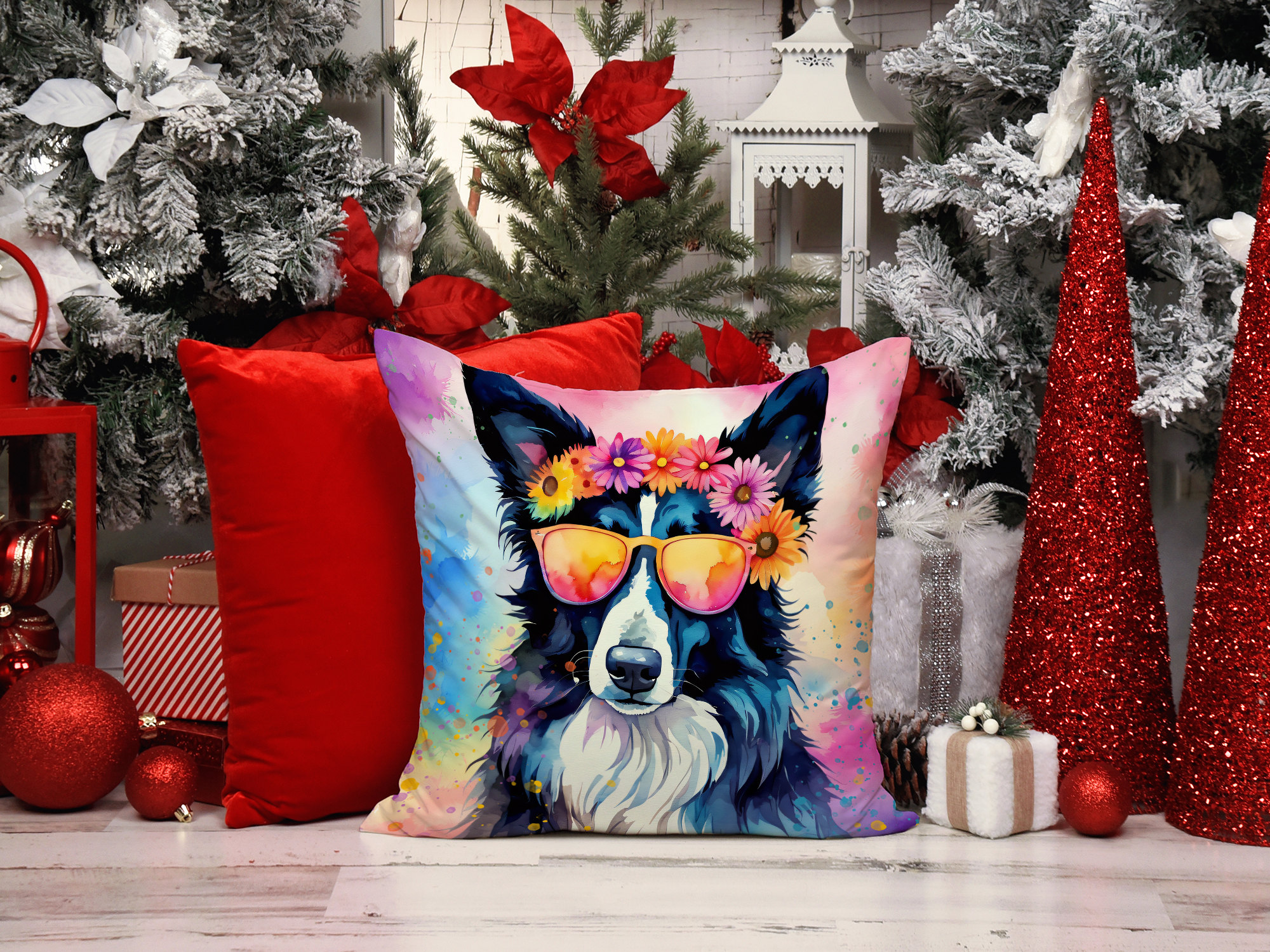 Border Collie Hippie Dawg Fabric Decorative Pillow 14 in x 14 in