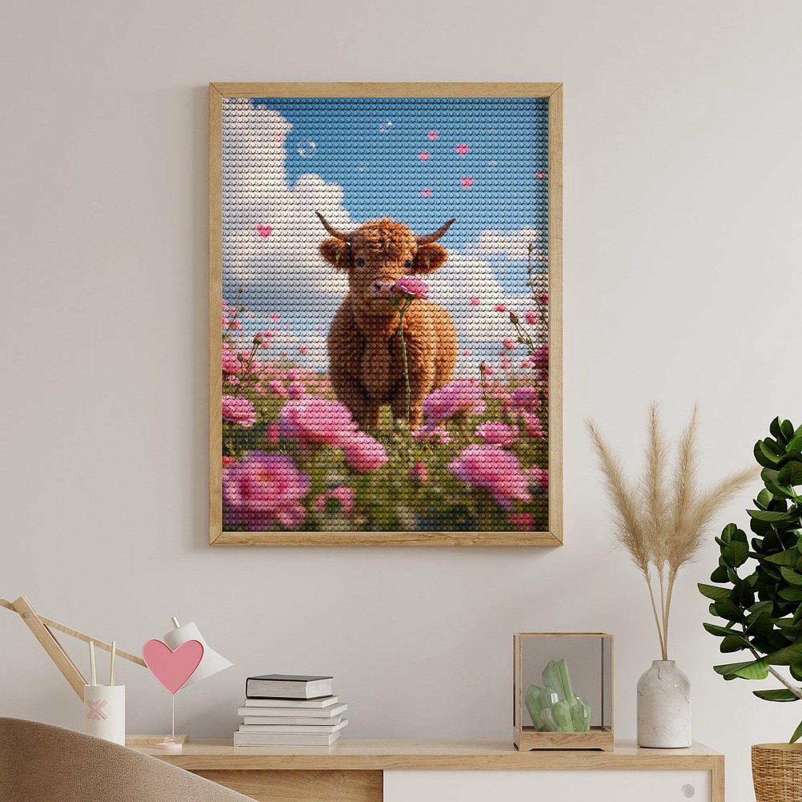 Diamond Art Kits for Adults, Cow In Pink Flower Meadow 5D Diamond Painting Kits for Adults Beginners, DIY Full Drill Diamond Painting, Gem Art and Crafts 12x16
