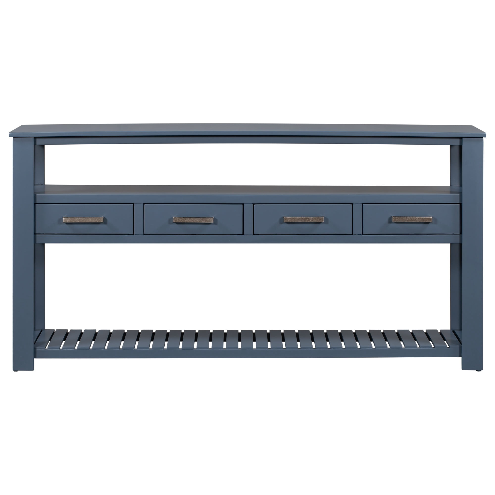 3-Tier Storage Console Table with 4-Drawer, Long Entryway Cabinet DisplayTable with Open Shelf, Versatile Sofa Table with Pine Legs