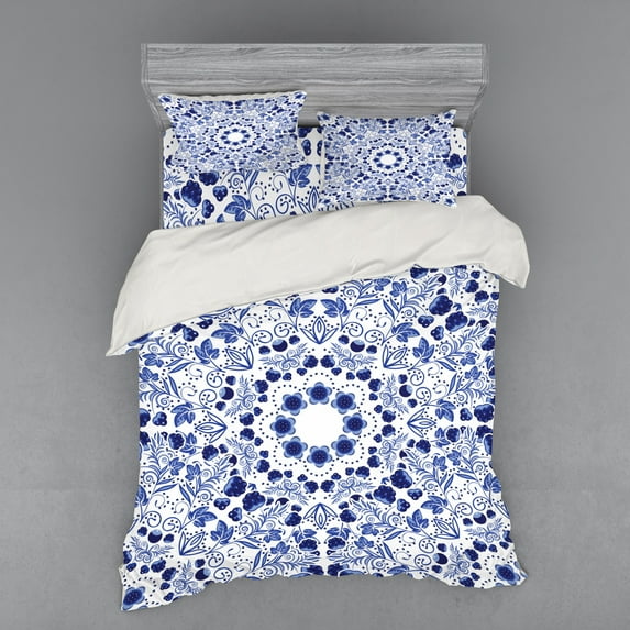 Ambesonne Flower Bedding Set 4 Pcs, Oriental Boho, Queen, Blue