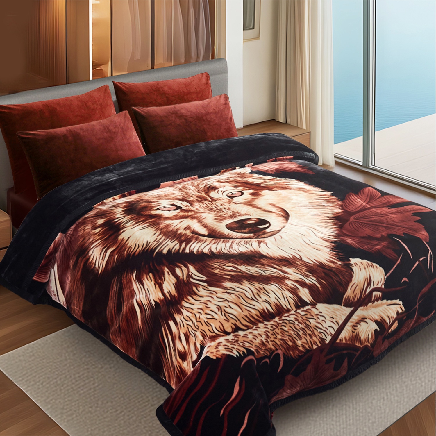 10lbs Heavy Thick A&B Pattern Blanket 2Ply Reversible - Thick Warm Plush Korean Style Bed Blanket, King Size Fleece Plush Blanket, Soft Winter Blanket For Adult 87" x 95", Wolf/Wolf