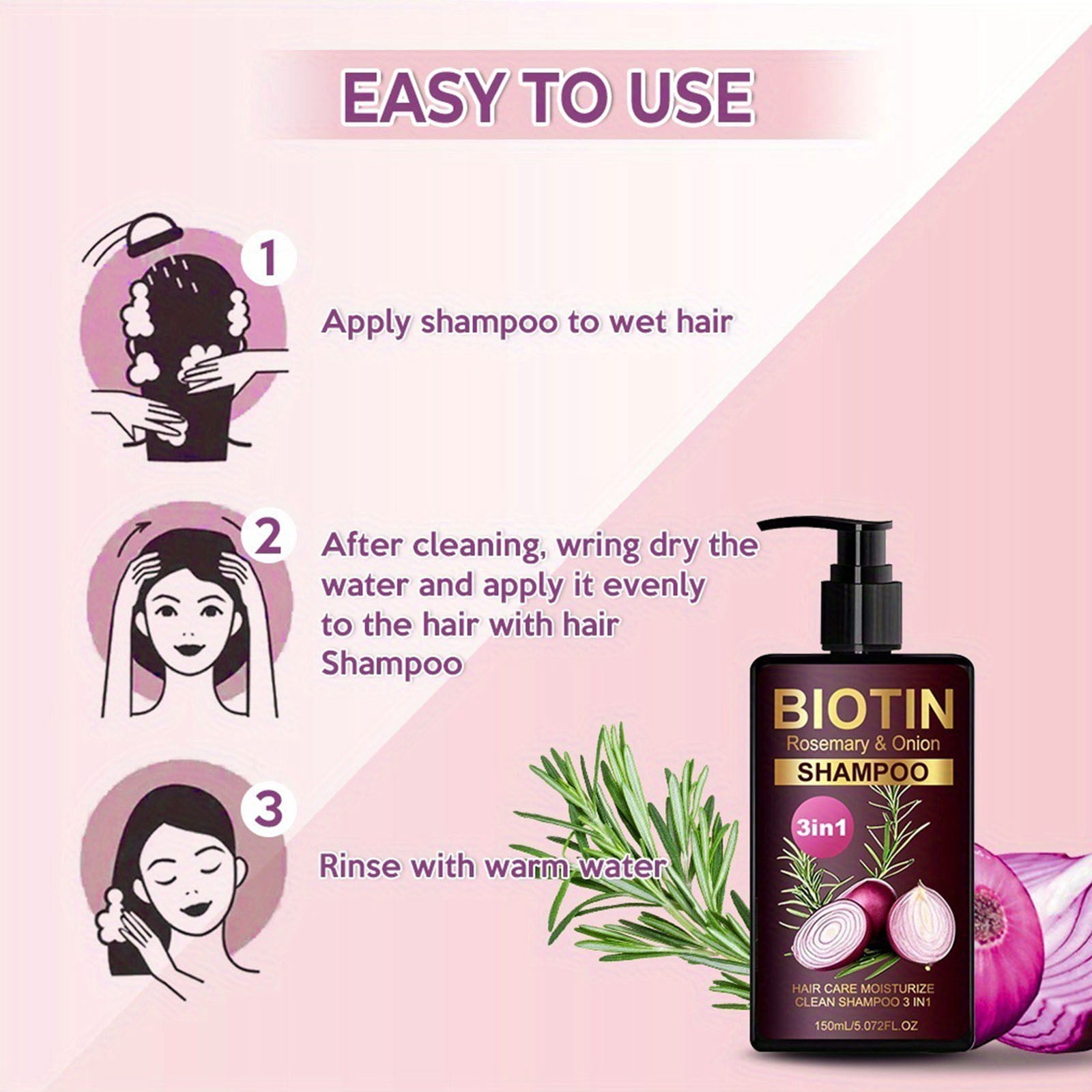 HHBEAUTY Onion & Rosemary Hair Shampoo: Biotin Infused Shampoo for Hair Loss and Thinning Hair - Promotes Healthier, Thicker and Stronger Hair for Women and Men