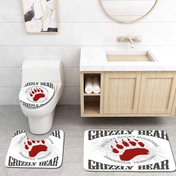 GOHAO Cabin Grunge Grizzly Bear Footprint Emblem Dangerous Wildlife Rocky Mountains 3 Piece Bathroom Rugs Set Bath Rug Contour Mat and Toilet Lid Cover