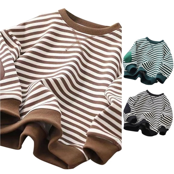 Tanghaowl Childrens Hoodies Boys Girls Classic Striped Sweatshirt Color Block Crew Neck Long Sleeve Shirt Casual Loose Pullover Tops Sweater Brown 9-10 Years
