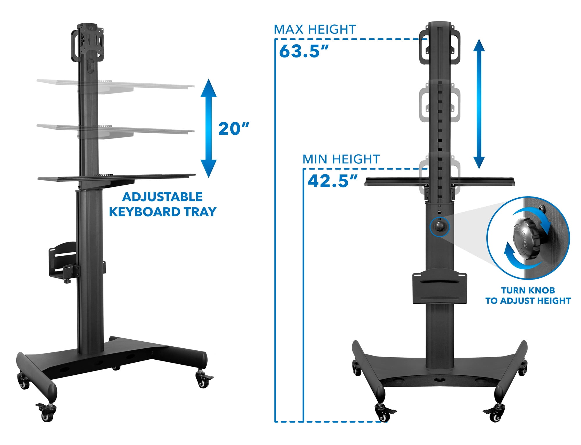 Mount-It! Mobile Standing with Adjustable Keyboard Tray and CPU Holder | Fits 13"-32" Monitors