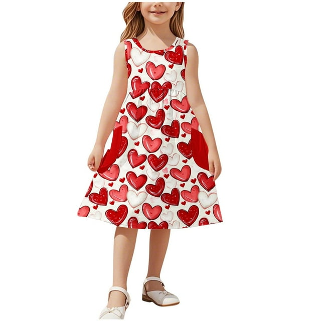 Ashirexll Robes Filles Sans Manches Col Rond Motif Imprimé Robe en Mélange de Coton Longueur Genou Rouge 5 Ans