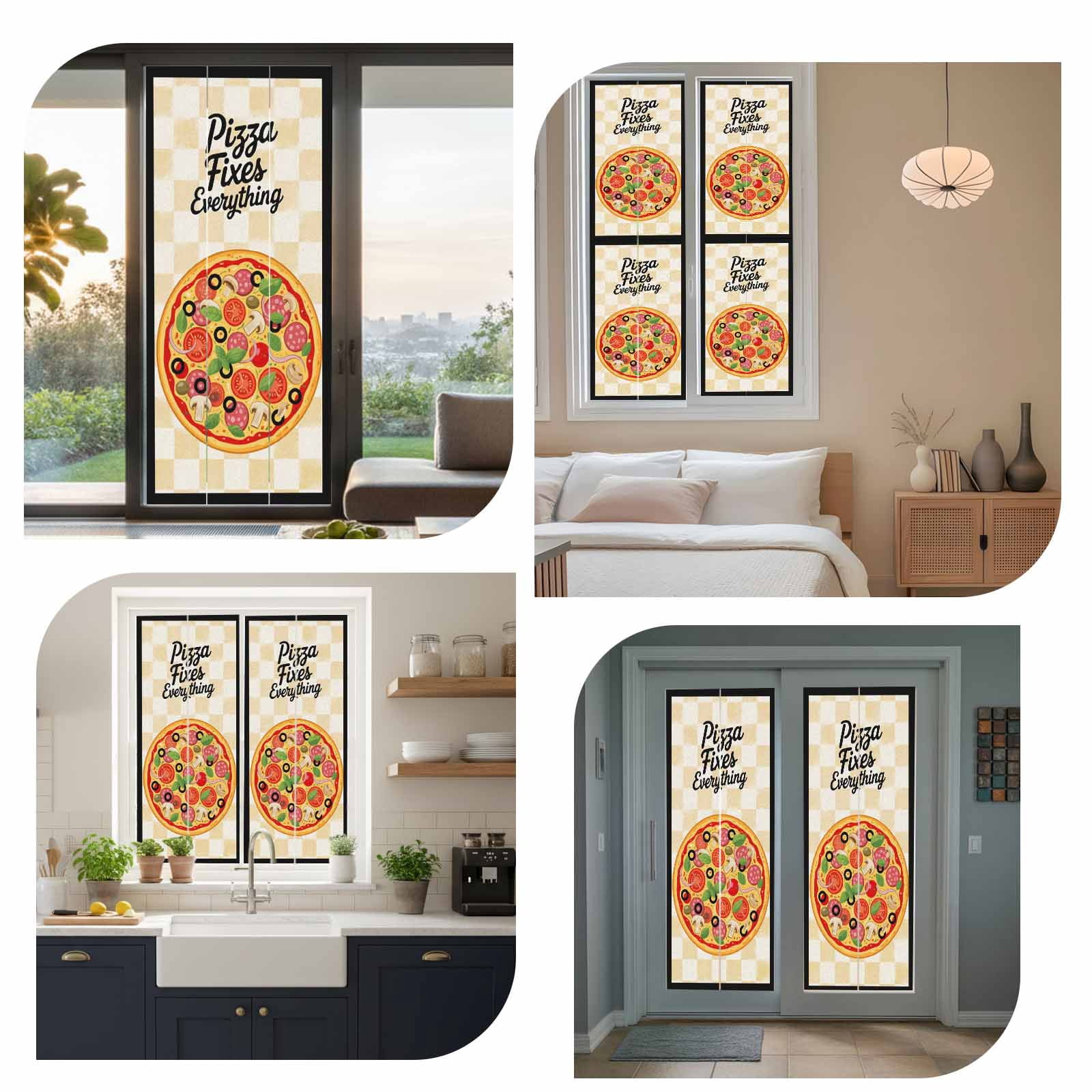 Pizzas Window Privacy Film, Retro Pizzas Art Vintage Yellow Plaid Black Borderlines Frosted Glass Window Clings Static Cling UV Heat Blocking Reusable Door Sticker for Bathroom 23.6 x 59 Inch