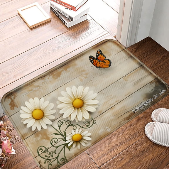 FJPT Non Slip Flannel Polyester Floor Mat With Daisy And Butterfly Design For Bathroom Kitchen Bedroom Decor 31.5x19.7 inch