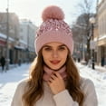thumbnail image 2 of AWZXDE Winter Glitter Knit Hat With Ear Shield And Fuzzy Decoration Winter Hats For Women Thickened Warm Cap Pink, 2 of 4