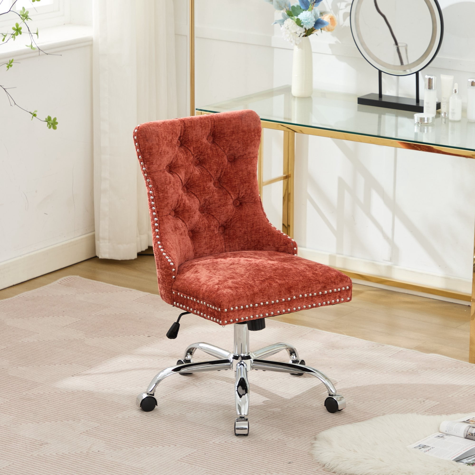 MAYEERTY Modern Chenille Office Chair - Tufted Buttons, Chrome Metal Base, Adjustable Swivel, Orange