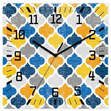Yellow Blue Morocco Pattern Wooden Wall Clock Silent Non Ticking, Modern Moroccan Geometric Square