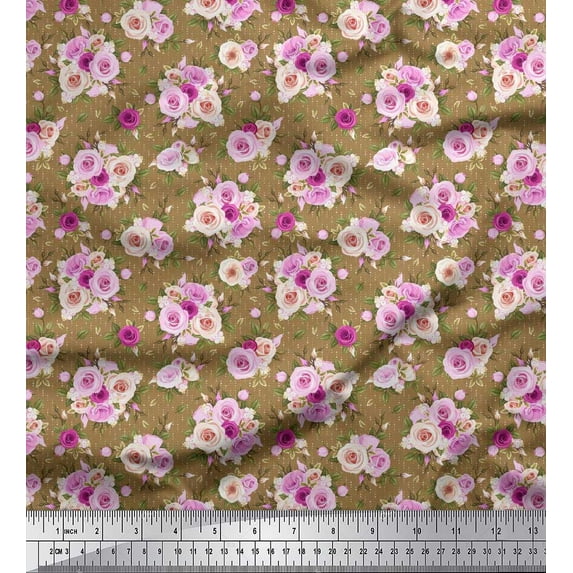 Soimoi Cotton Poplin Fabric Dot,Leaves & Rose Floral Decor Fabric Printed Yard 42 Inch Wide