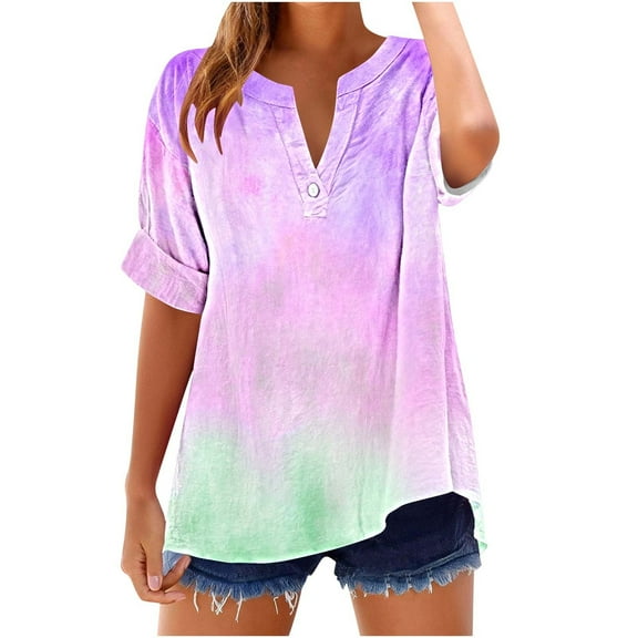 GERsome Women's Short Sleeve T Shirts Button V Neck Tops Casual Graphic Tees Lightweight Soft Loose Fit Summer Shirts, Sizes S-2XL