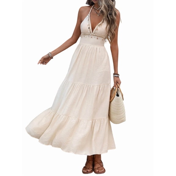 Women'S Summer Maxi Dresses Halter V Neck Beach Dresses for Women A-Line Casual Dress for Vacation Color M