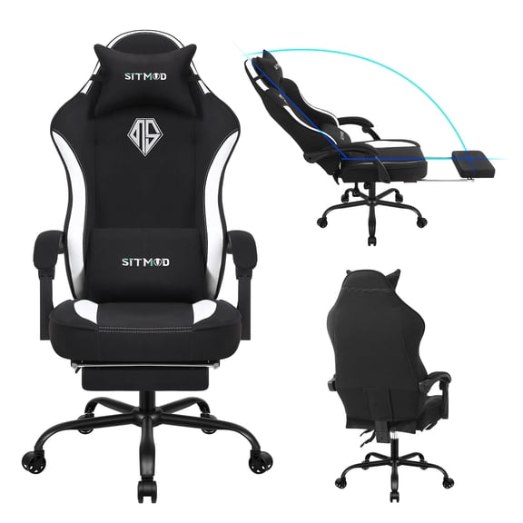 SITMOD Ergonomic Gaming Chair with Lumbar Support & Footrest - Adjustable Height Recliner, 360° Swivel Seat, Fabric, Headrest, Metal Frame for Home Office & Gaming (Balck&White)