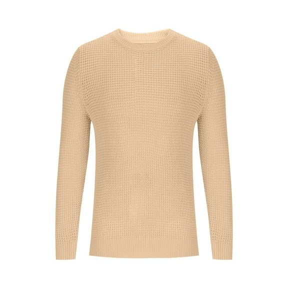 ZCFZJW Men's Crewneck Pullover Sweater Fall Lightweight Casual Waffle Textured T-Shirs Long Sleeve Cable Knit Sweater Tops Beige L