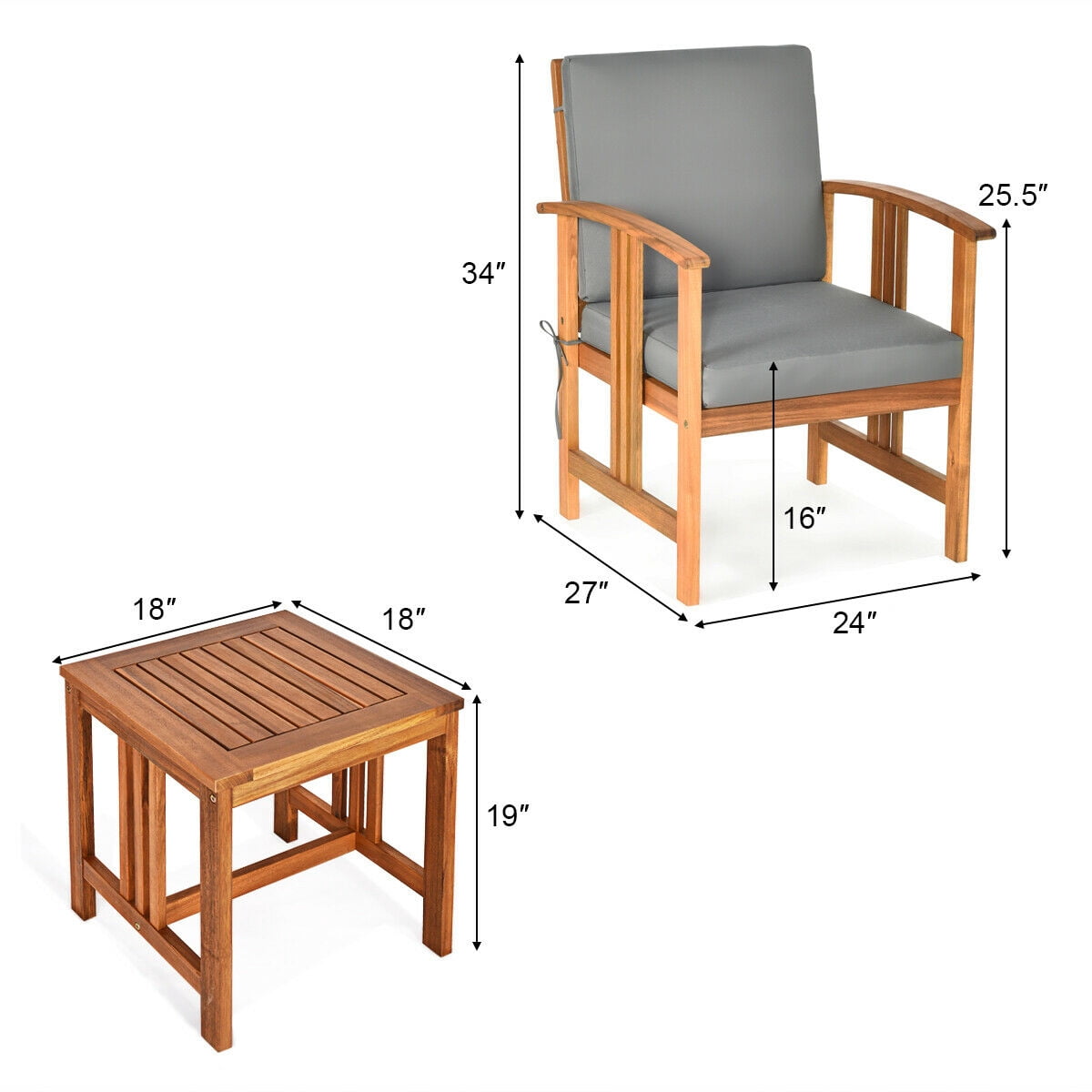 Gymax 3PCS Outdoor Patio Sofa Furniture Set Solid Wood Cushioned Conversation Set Grey