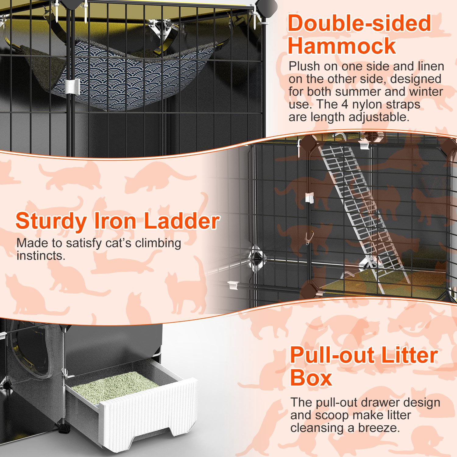 Imountek Detachable Metal Wire Cat Enclosure, 3-Tier Indoor Cat Playpen Cage with Pull-out Litter Box, Hammock, Ladder for 1-2 Kittens, Small Pets