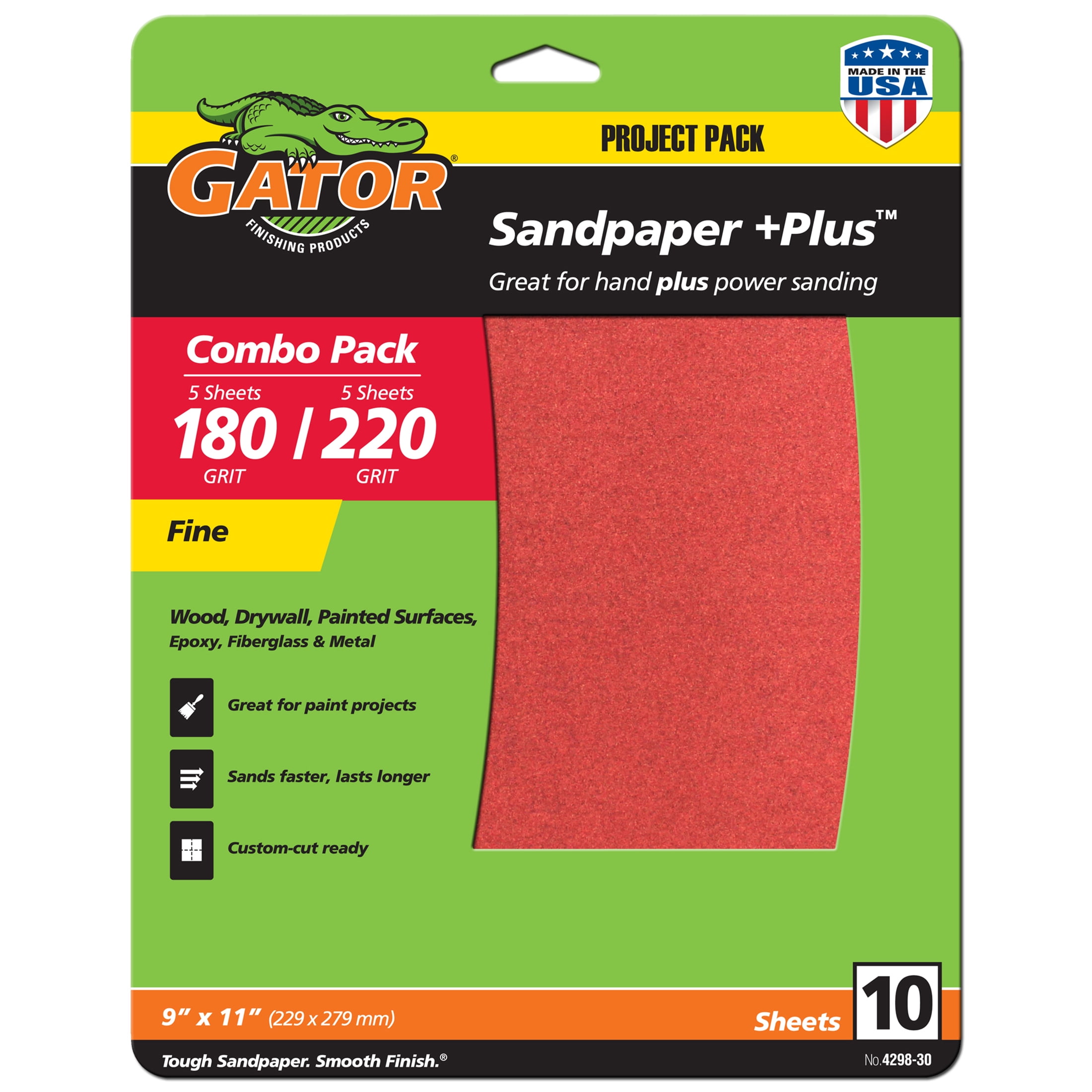 Gator 9-Inch x 11-inch Red Resin Aluminum Oxide Sanding Sheets 180 and 220 Grit, 10 Pack