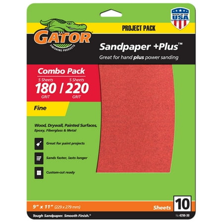 Gator 9-inch x 11-inch Red Resin Aluminum Oxide Sanding Sheets 180 and 220 Grit, 10 Pack