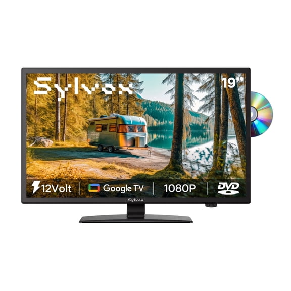 SYLVOX 12 Volt TV, 19" RV TV with Built-in DVD Player, 768P Smart Google TV OS Free Download APPs, ATSC NTSC WiFi Bluetooth HDMI USB, AC/DC Powered (Trailer Series)
