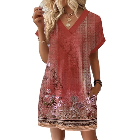 LWavelet Women s Casual A-Line Dresses with Pockets Summer Floral Tshirt Dress Short Sleeve Mini Dress Flowy Sundresses Red 2XL