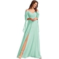 thumbnail image 1 of Vestidos de dama de honor de gasa con cuello en V y tirantes finos personalizados, vestidos formales de dama de honor fruncidos con hombros descubiertos y mangas, 1 of 5
