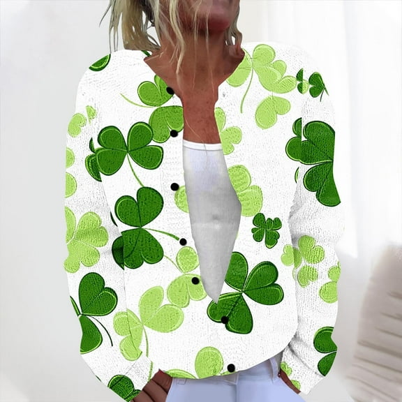 Otvok Women's Cute Cable Knit Open Front Cardigan Long Sleeve Button Embroidered Sweater Coat Outwear for Patrick's