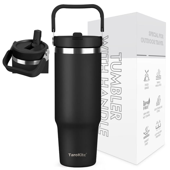30OZ Tumbler with Handle and Flip Straw Lid, Vacuum Insulated Stainless Steel Water Bottle for Cold Hot Drinks, Black