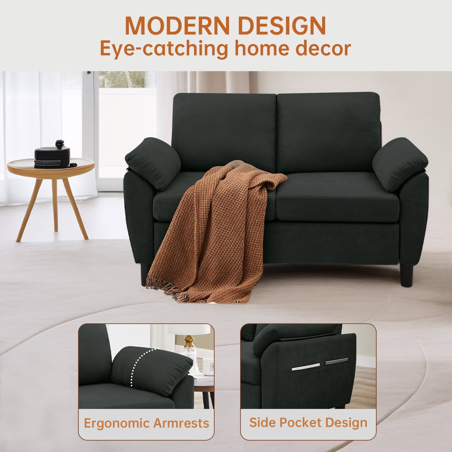 Soscana Loveseat with Storage Side Pockets, 2 Seat Sofa Love Seat Small Couch for Living Room Bedroom Apartment Office Studio,Black