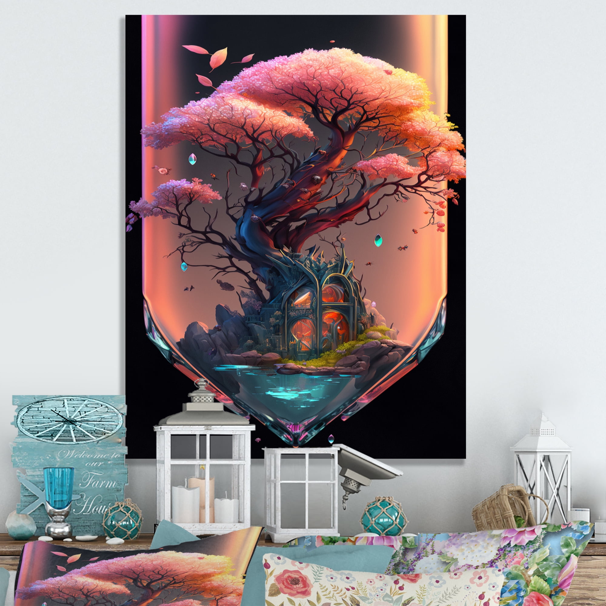 Designart Hexagon Cherry Blossum Island I Canvas Wall Art