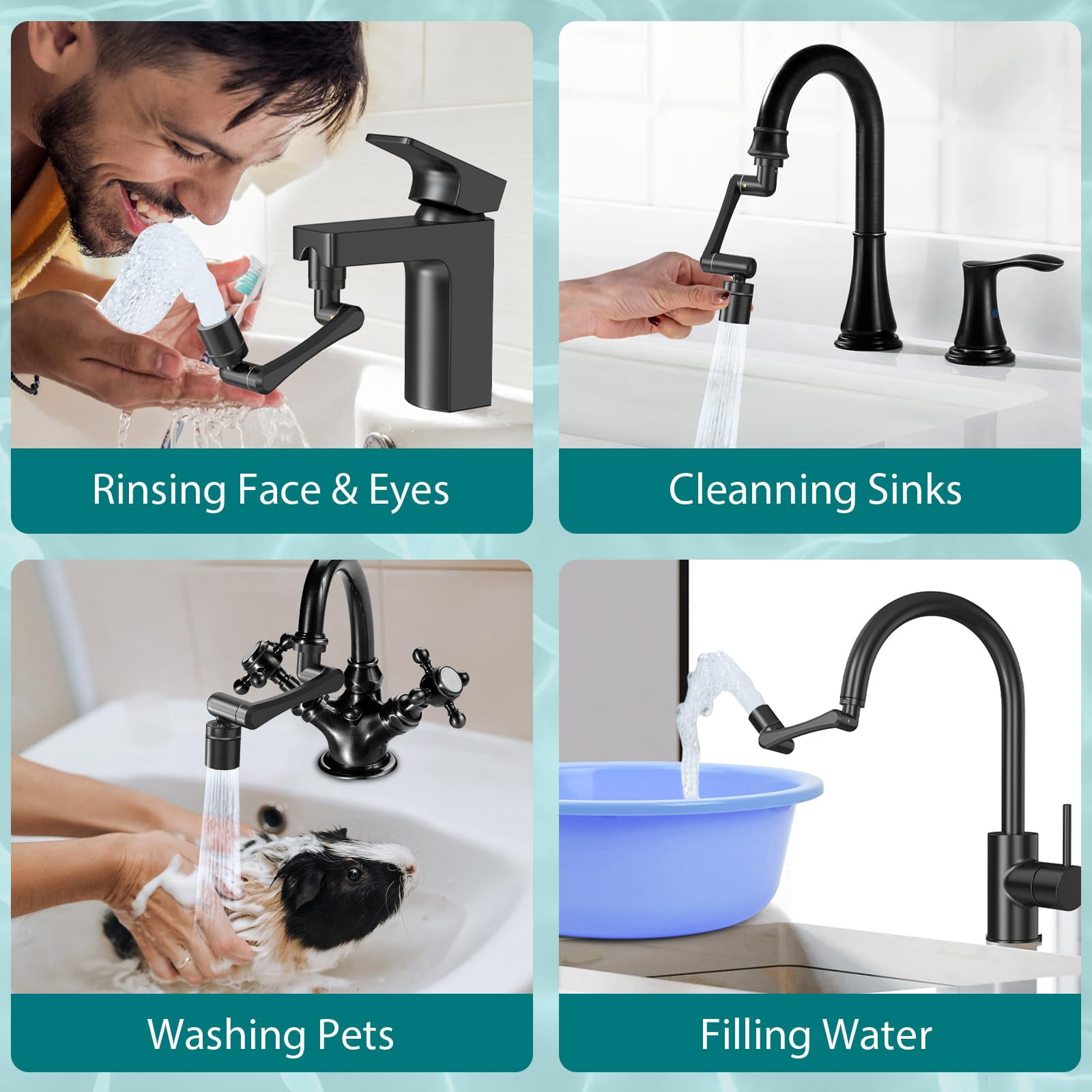 1440° Rotating-faucet-extender Sink Aerator - 1080°+360° Large-angle Splash Tap Extension With 2 Water Outlet  Swivel Multifunctional Robotic Arm For Kitchen/bathroom Black