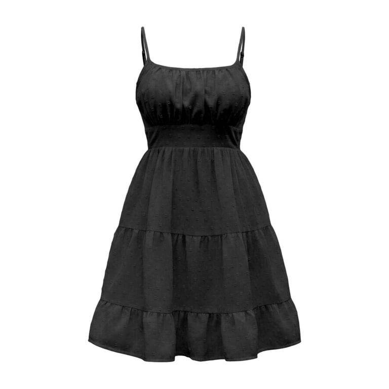 Tisuna Black Graduation Dress For Women Solid Color Sleeveless Suspender Dresses Ladies Fashion Summer Party Flowy Dress Size M