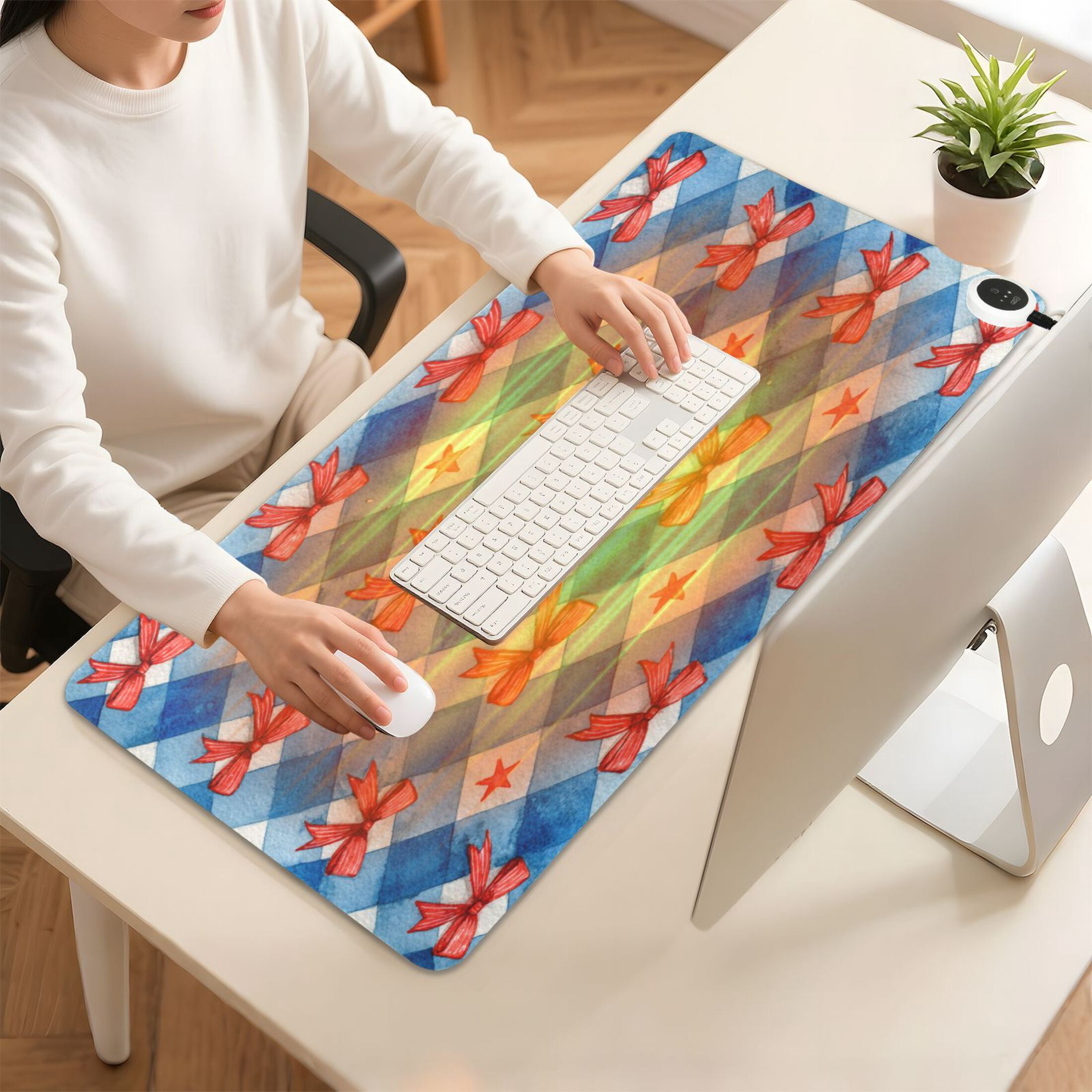 Large Heated Desk Mat Mouse Pad 31.5"x13"PU Leather Graphene Heating Desk Warmer with 3 Temperature Settings 110V US Plug Non-Slip Warm Pad for Home, Office, and Gaming Vibrant Red Bows Pattern