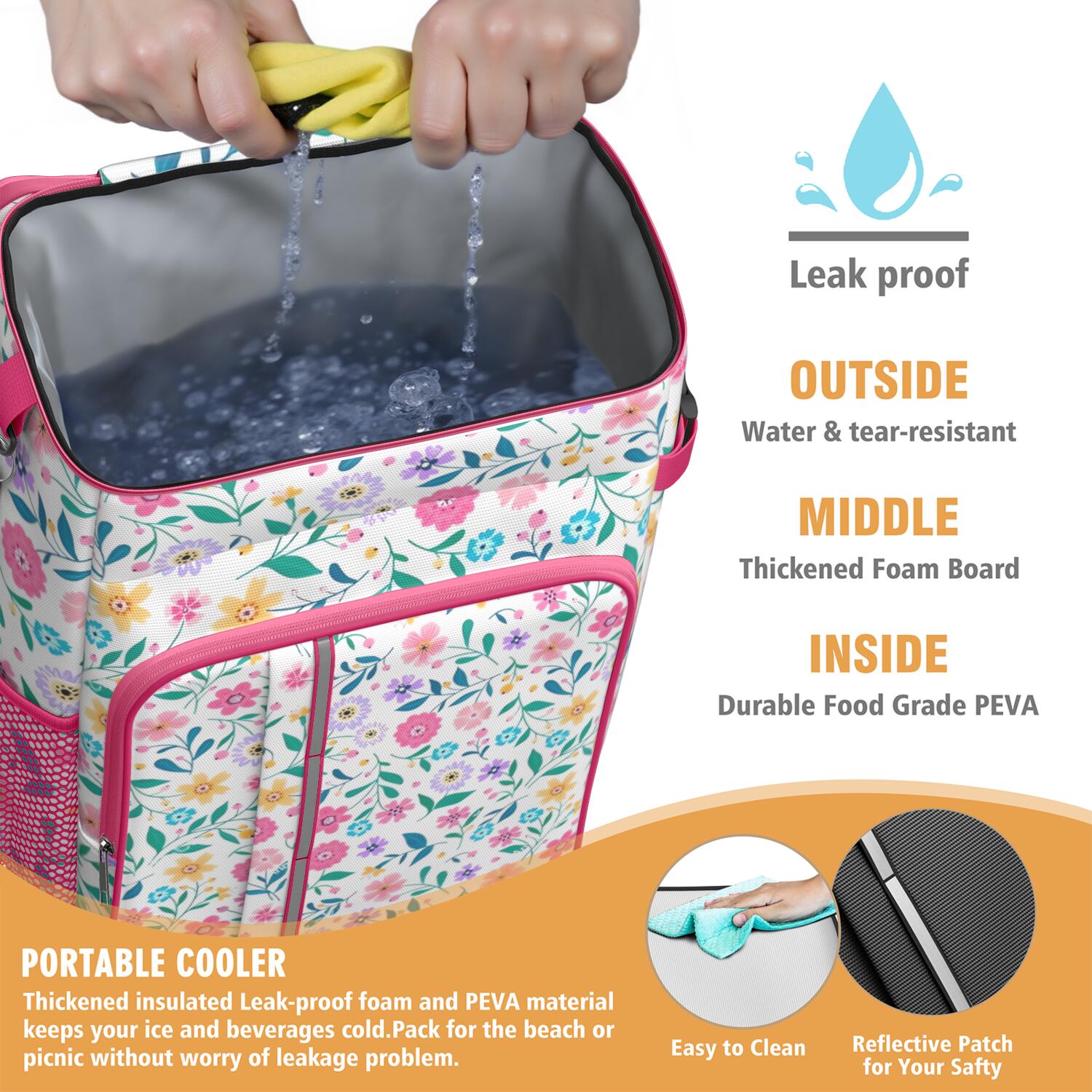 Travel Cooler Bag - Pioneer Flower Floral Print Pattern Camping Beer Cooler Backpack with Bottle Opener- Waterproof Insulated Picnic Backpacks - Cooler Bag for Beach
