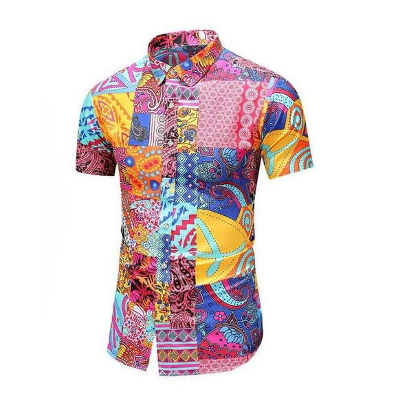 IROINNID Hawaiian Shirt for Men Hawaiian Short Sleeve Beach Stand-up Collar Shirt Printed Summer Button Down Shirts,Pink