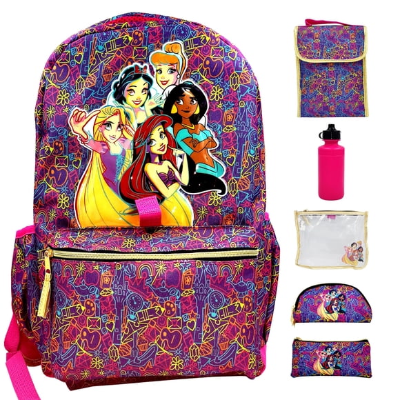 Mochila Disney Princess para niñas de 16 pulgadas, juego de 6 piezas, mochila princesa con lonchera, ideal para niñas que regresan a la escuela y a la escuela primaria