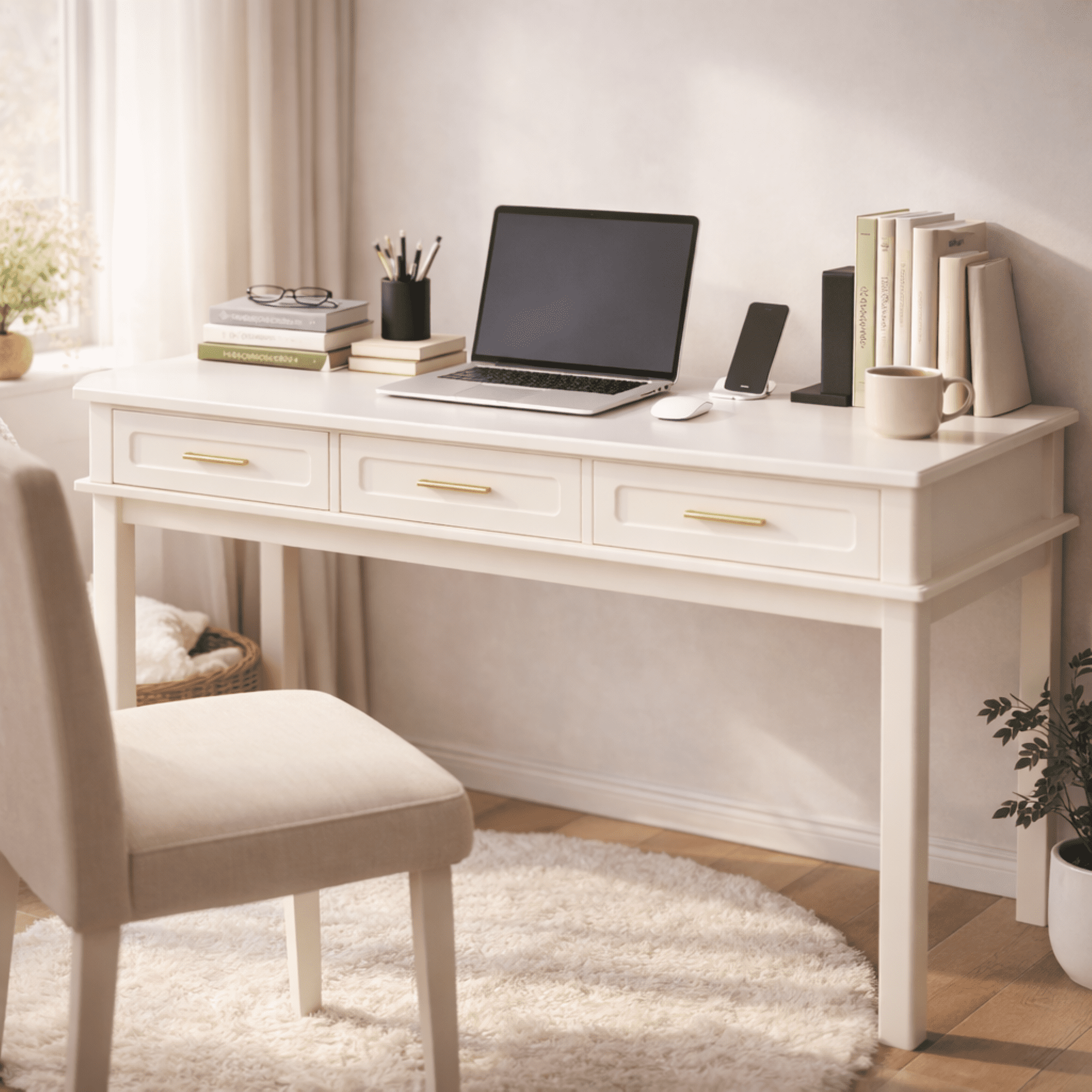 Cream White Vanity Desk with 3 Drawers, Modern Makeup Table or Writing Desk, Multipurpose Dressing Table for Bedroom, No Mirror Included