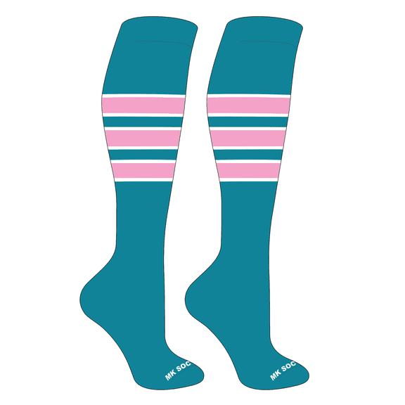 MK Socks Striped Knee High Baseball, Football Socks (C) Marlin Teal, White, Pink (XS)