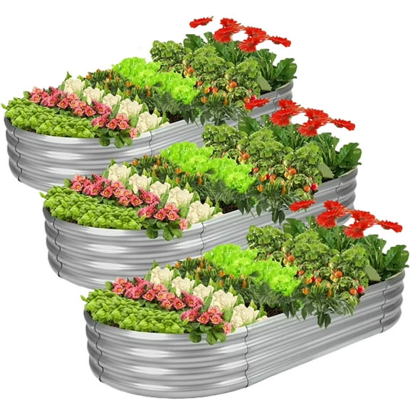 Galvanized Raised Garden Bed Kit, 3Pcs 4ft Planter Raised Garden Boxes Outdoor, Oval Metal Raised Garden Beds for Vegetables