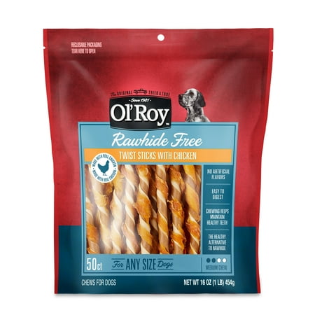 Ol' Roy Rawhide Free Twist Sticks with Chicken Dog Treats, 16 oz, 50 Count