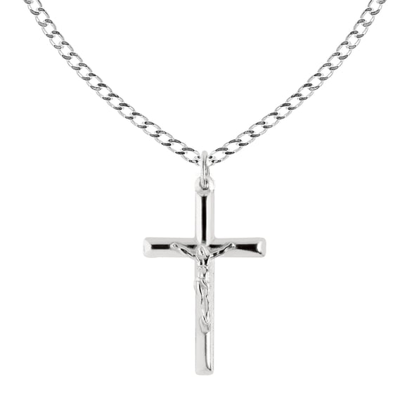 Men's Sterling Silver Large Tubular Crucifix Cross Charm Necklace 24 Inches