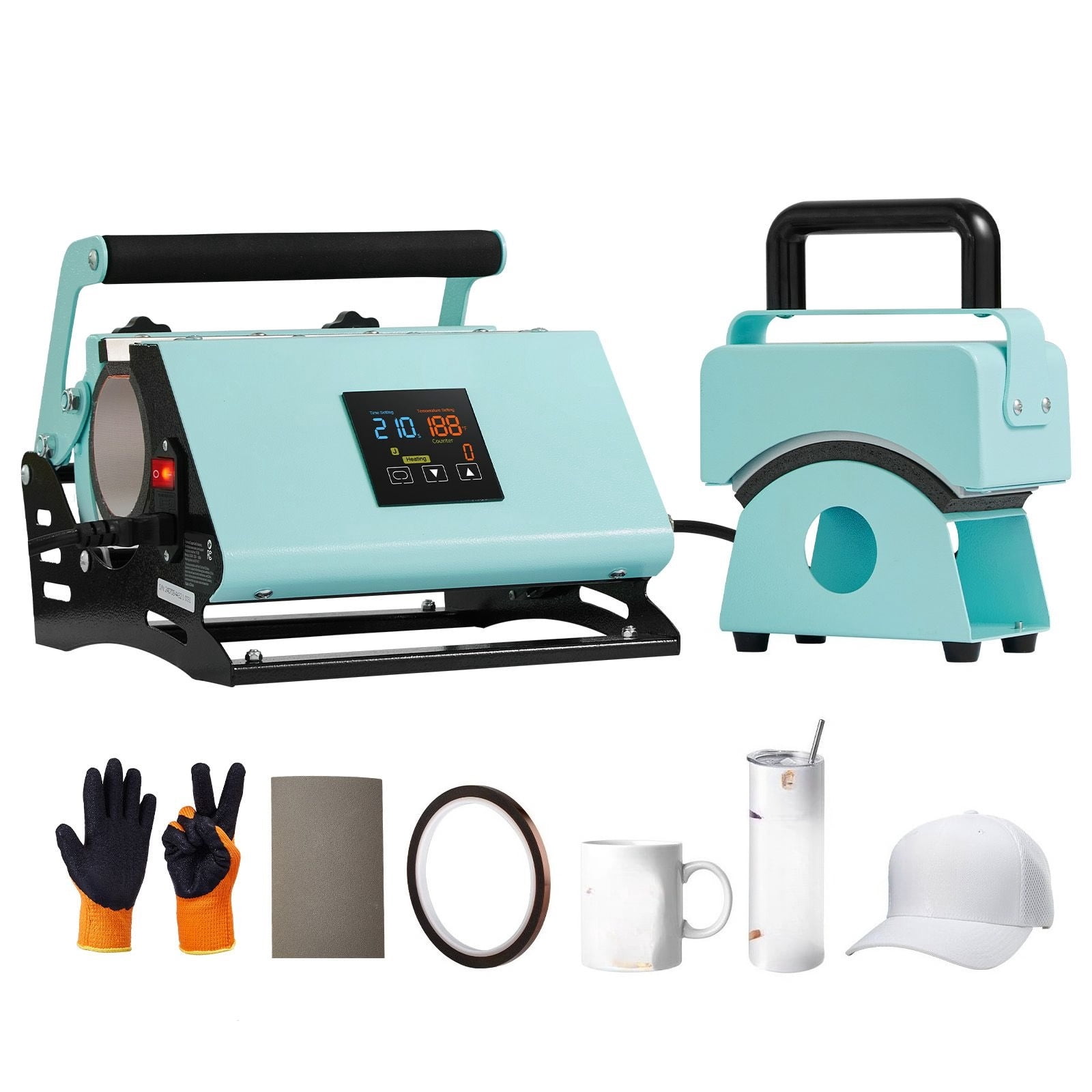 2-In-1 hat hot press and cup press, mini cap press for hats/hats, 11-30oz sublimation roller press, digital temperature and time control, green