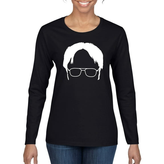 Wild Bobby, Office Dwight Glasses Face Silhouette Funny Schrute, Pop Culture, Women Graphic Long Sleeve Tee, Black, Small