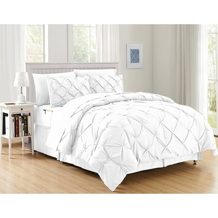 6-Piece Bed-in-a-Bag, Soft and Cozy Pinch Pleated Bedding Set with Double-Sided Storage Pockets - Silky White Comforter, Twin/Twin XL Size