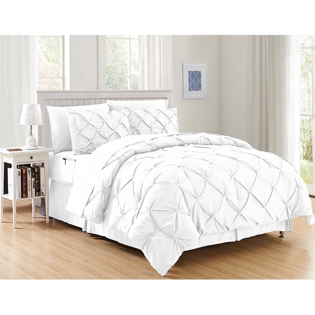 Mocassi Ensemble de Couette Plissée à Pincements de Luxe 8 Pcs - Ensemble de Literie Doux et Confortable avec Poches de Rangement Double Face - Couette Blanche Soyeuse, Format Double/Grand