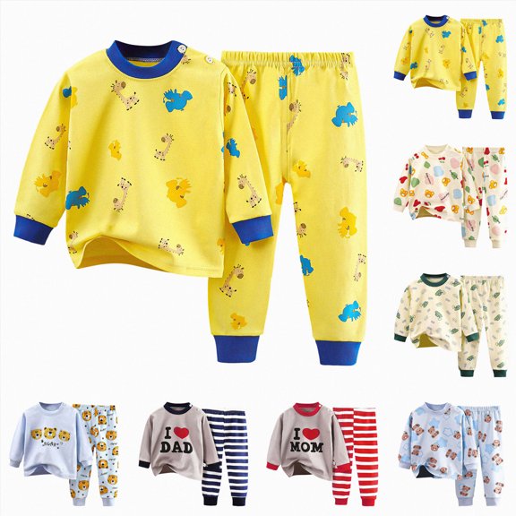 Nwiuh Kids Boy Girl Pajamas Set Toddler Fall Winter Sleepwear Cotton Cartoon Long Sleeve Pullover Top Pants (Yellow, 6-12 Months)