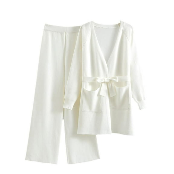 ShomPort Pajamas for Women Soft Comfy Long Sleeve Shirt Tie Waist Cardigan and Wide Leg Pants Lounge Sets