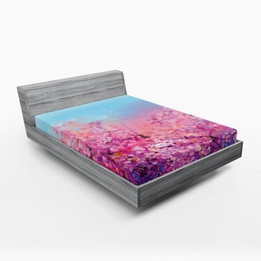 Ambesonne Japanese Fitted Sheet, Cherry Spring Theme, Queen Size, Purple Pale Blue